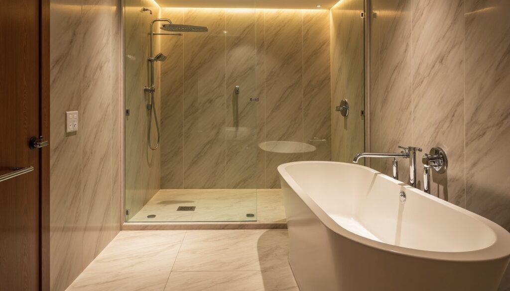 a bathroom with a bathtub and shower