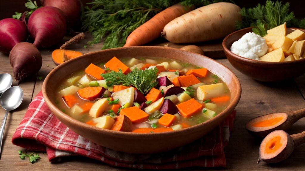 a bowl of soup with vegetables and herbs