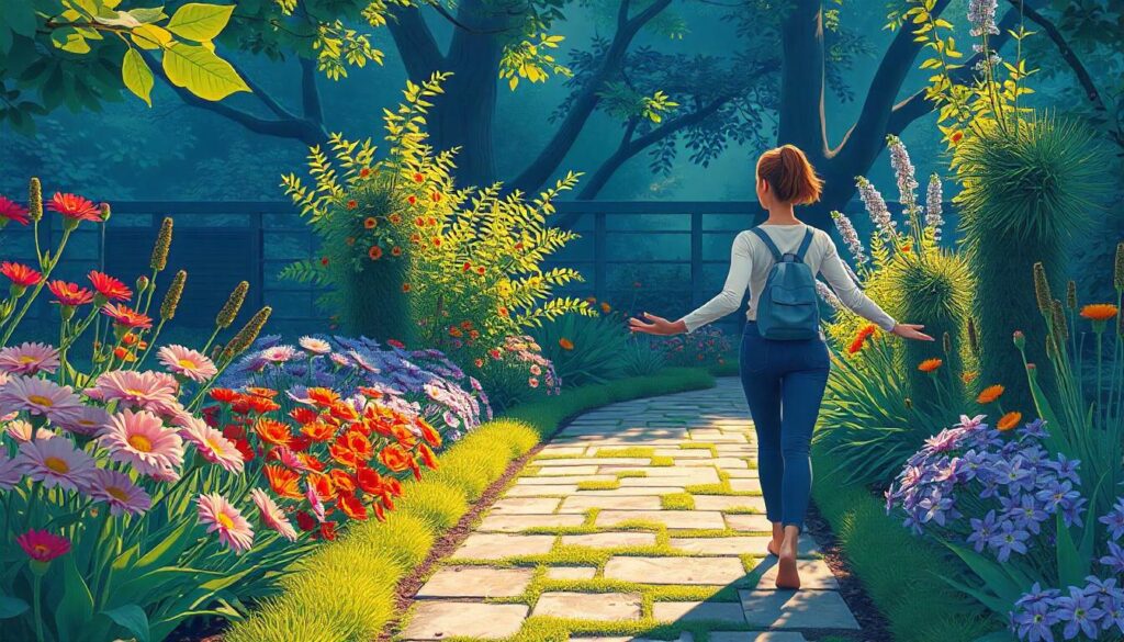 a woman walking on a path with flowers