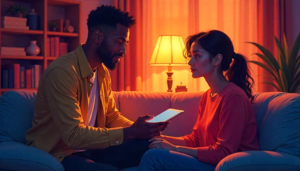 a man and woman sitting on a couch looking at each other