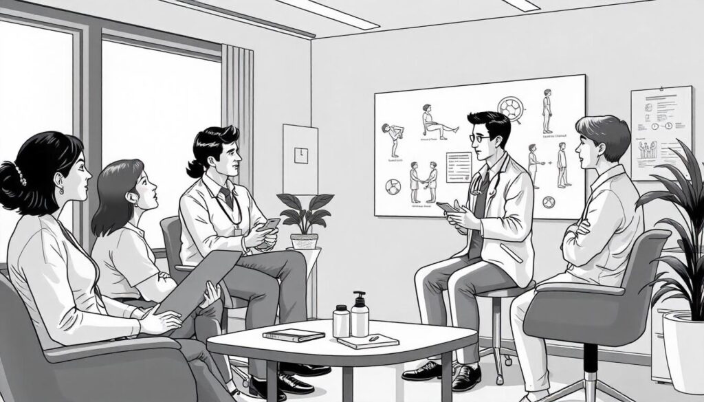a black and white drawing of people sitting in a room