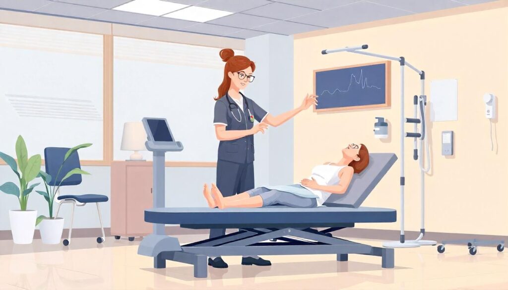 a woman lying on a bed with a doctor in the background