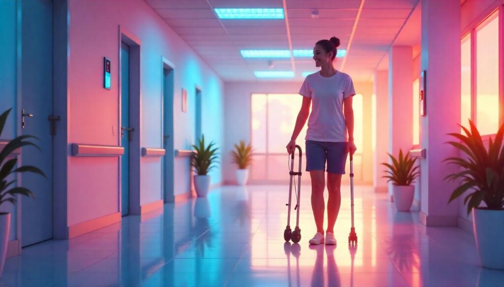 a woman with crutches in a hallway