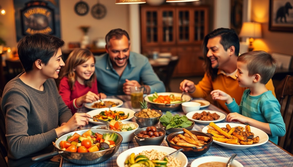 a happy family sitting and eating food
