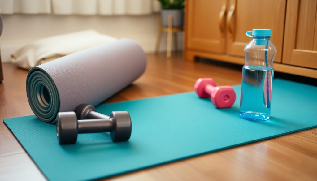 dumbbells and yoga mat on a wooden floor