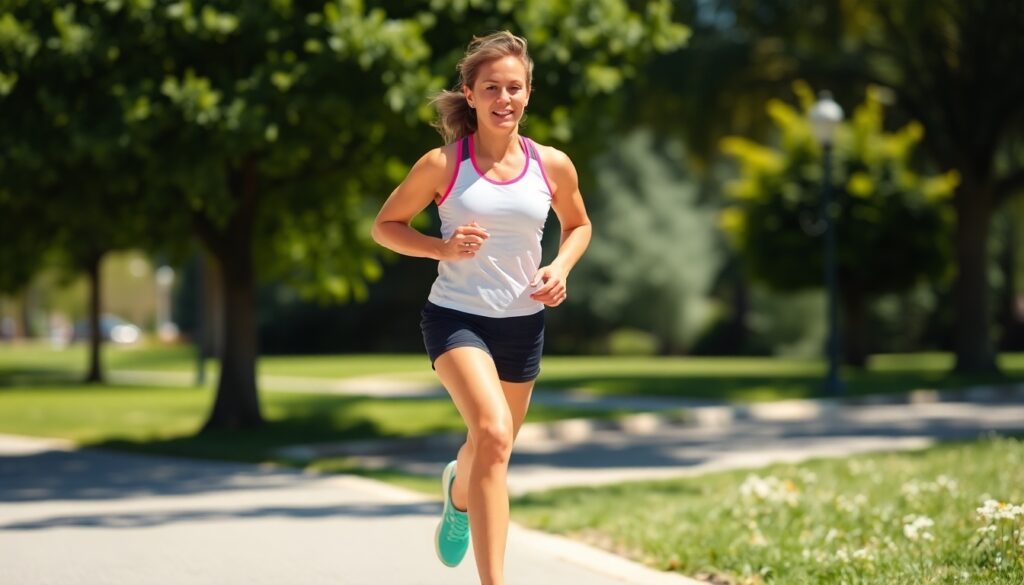 a woman running on a road