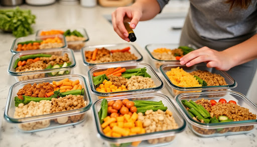 10 bowls full of food and women putting food oil on it