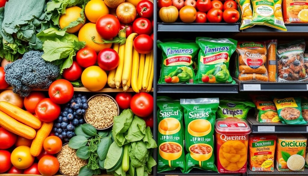 one side vegetables and other side having packed food items