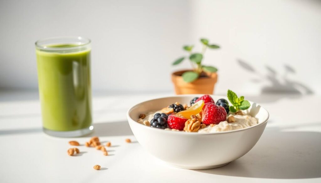 a bowl full of food and a glass of mint drink