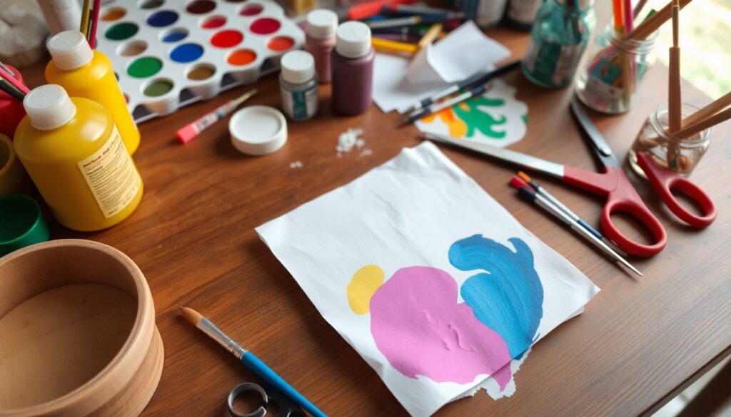 A creative DIY workspace with colorful crafting materials like paints, brushes, scissors, and a nearly finished handmade project on a wooden table.