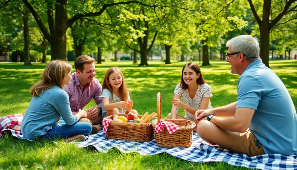 A family enjoying a picnic in a lush green park, sitting on a checkered blanket with a basket of food, surrounded by trees and sunshine.