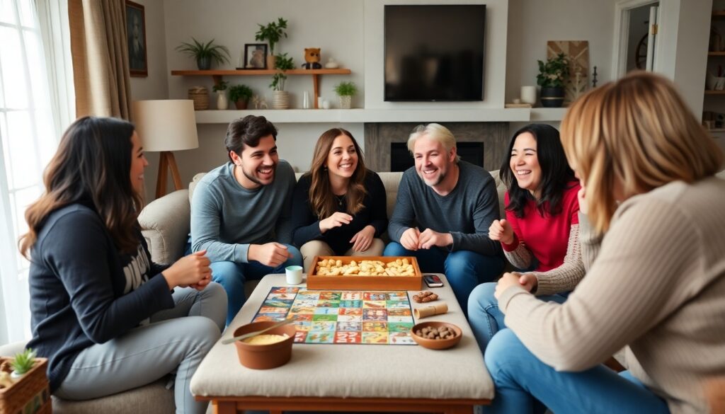 A group of friends laughing and playing board games in a cozy living room with snacks on the table and a relaxed atmosphere.