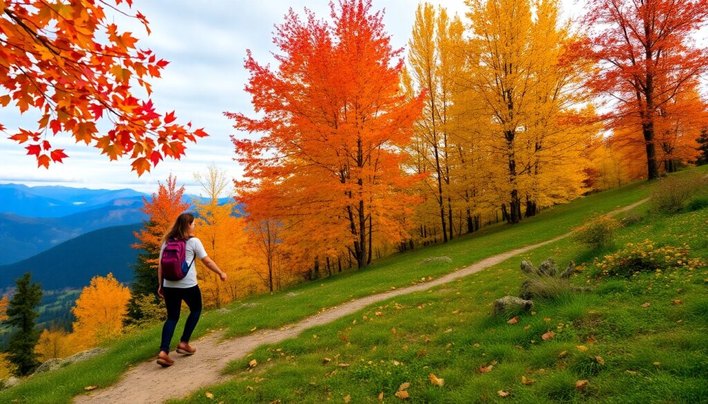 A scenic hiking trail with a couple walking hand-in-hand, surrounded by vibrant fall leaves, mountains in the background, and a peaceful sky.
