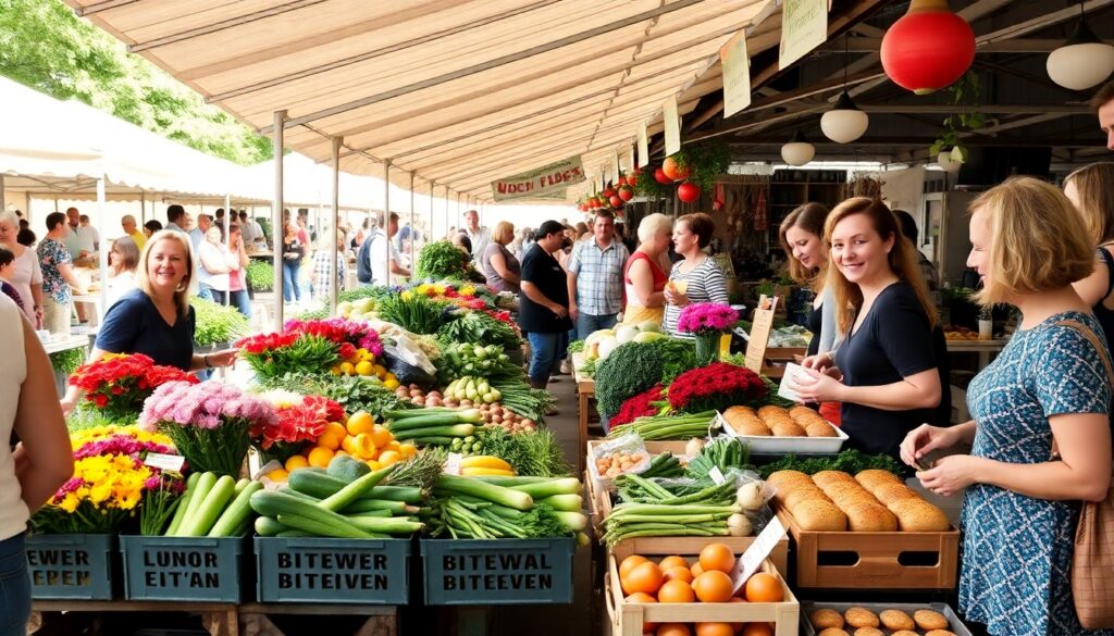 A vibrant farmer’s market with stalls filled with fresh produce, flowers, and baked goods, with people browsing and smiling.
