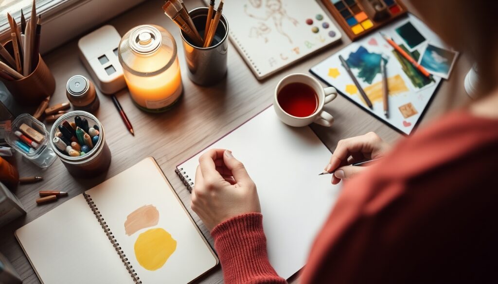 "A creative workspace with art supplies, a journal, and a cup of tea, showcasing a person engaging in a calming, artistic activity for mental health."