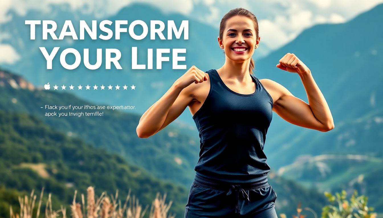"A motivational poster featuring a person in athletic gear looking confident and proud, with a tagline 'Transform Your Life' and a background of inspiring nature."