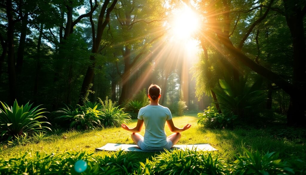 "A person meditating on a yoga mat surrounded by lush greenery, sunlight streaming through the trees, symbolizing mindfulness and relaxation."