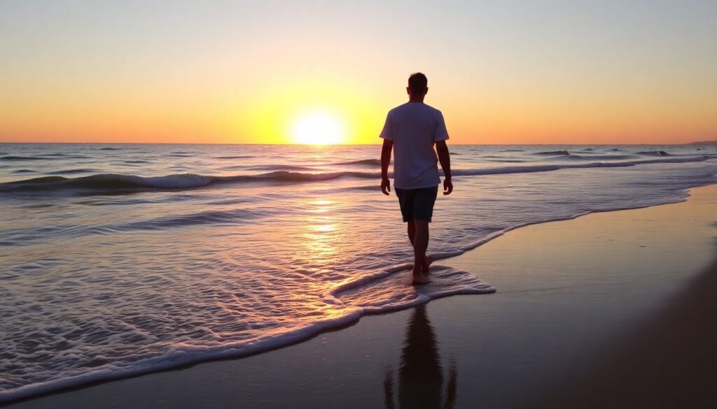 "A person walking along a calm beach at sunset, the waves gently lapping at their feet, symbolizing self-reflection and mental clarity."