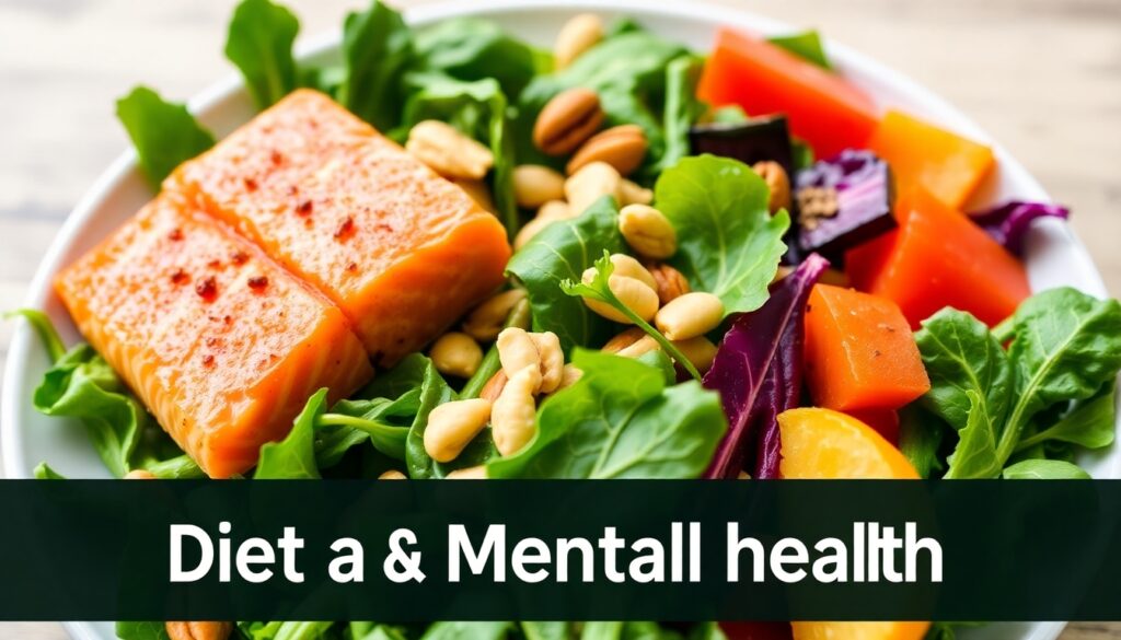 "A vibrant plate of nutritious food featuring leafy greens, salmon, nuts, and colorful vegetables, promoting the connection between diet and mental health."